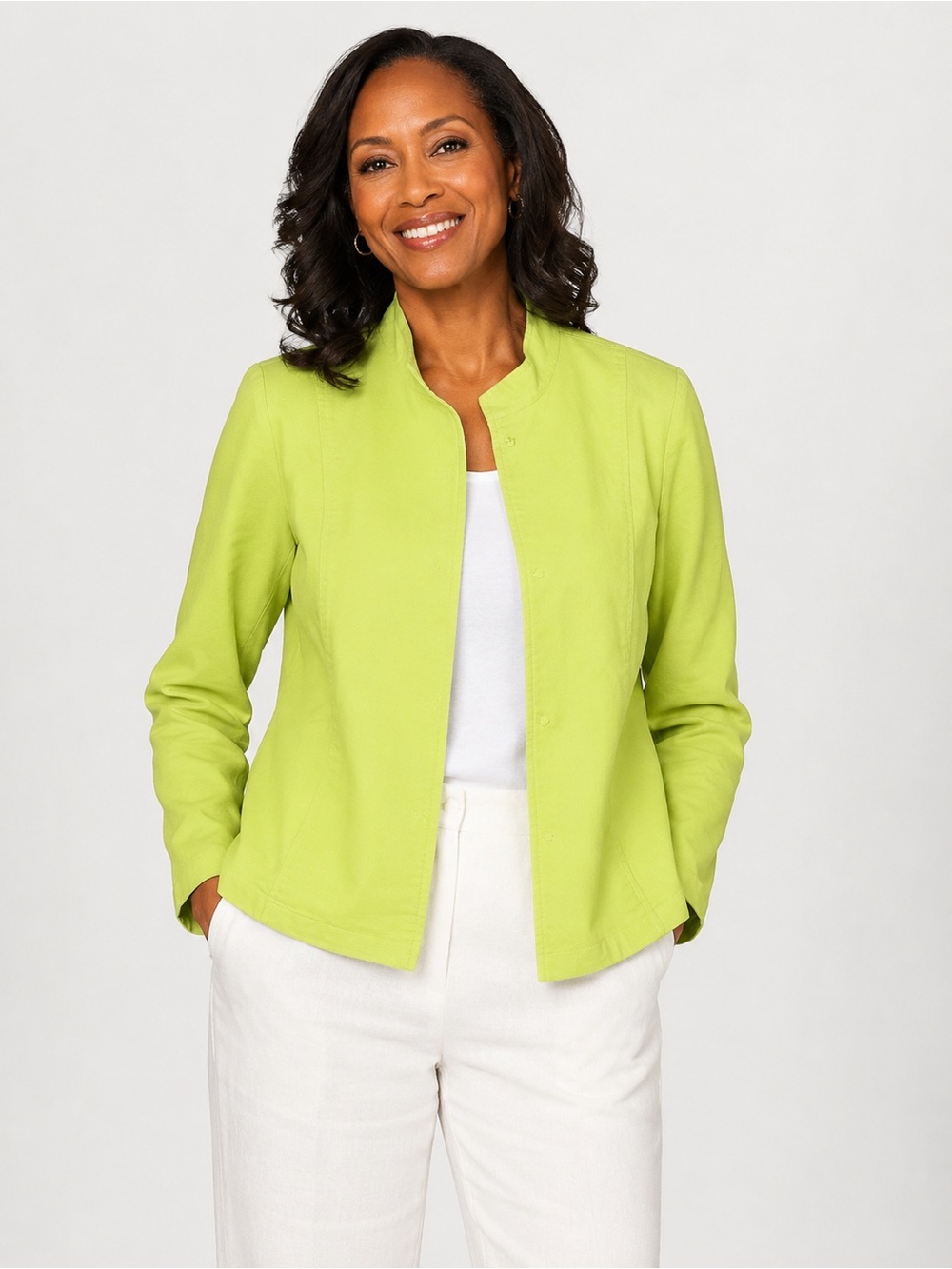Eileen Fisher Lime Green Stand Collar Jacket Minimalist Career Cotton Blend S